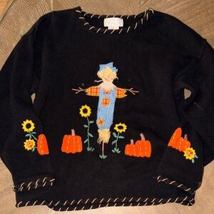 Women’s Fall Tiara Black Sweater with Scarecrow and Pumpkin Motif Size Large